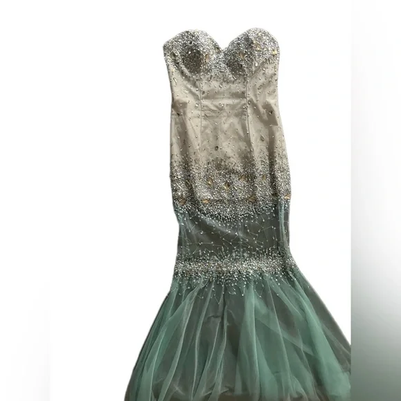 Terani Couture Strapless Beaded Dress in Cream and Green - Picture 9 of 9